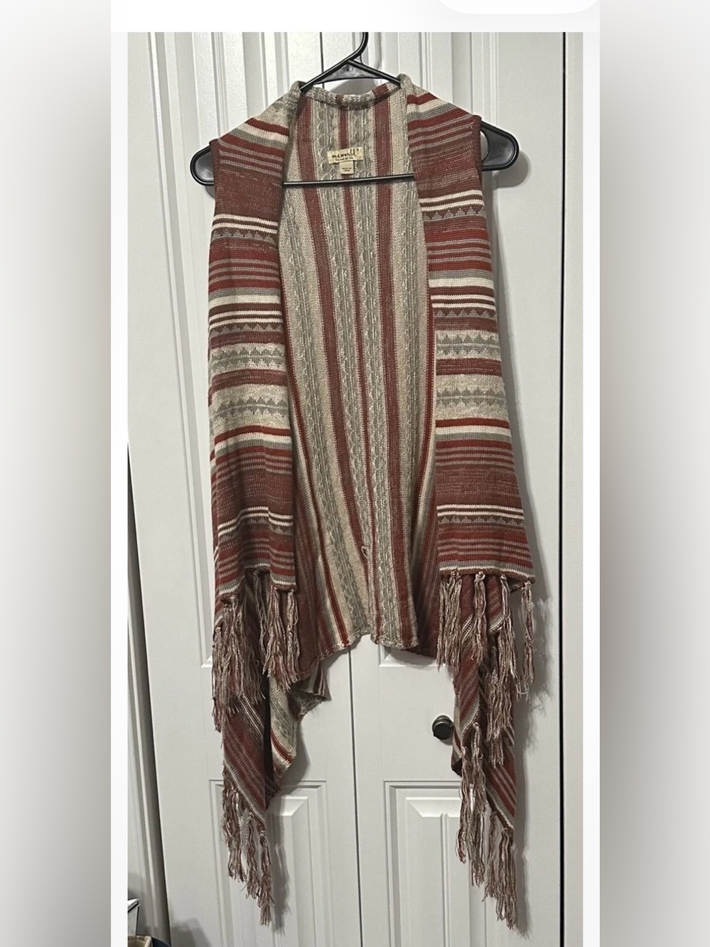 ONE WORLD Striped Fringe Poncho in Rust and Cream boho
